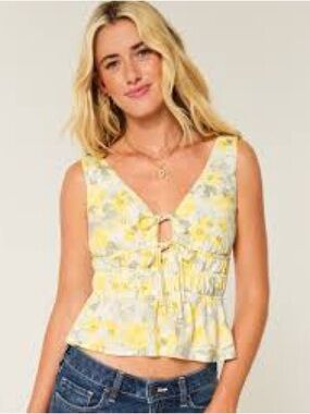 Hollister Floral Linen Blend Cinch Waist Peplum w/ Bows and Cutout